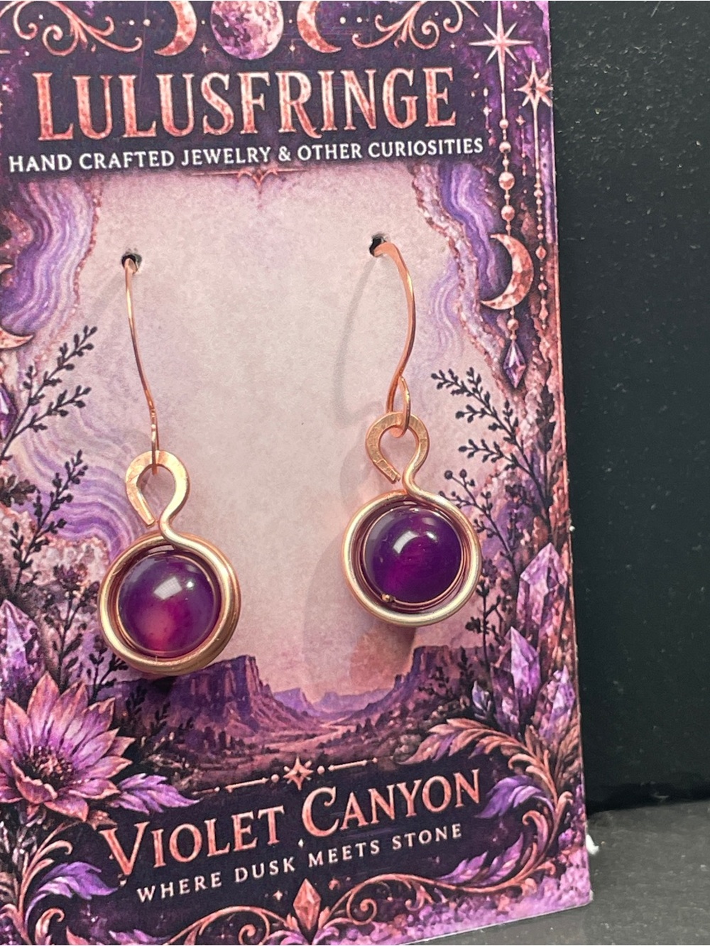 Artisan Hammered Copper Purple Laced Agate Dangle Earrings